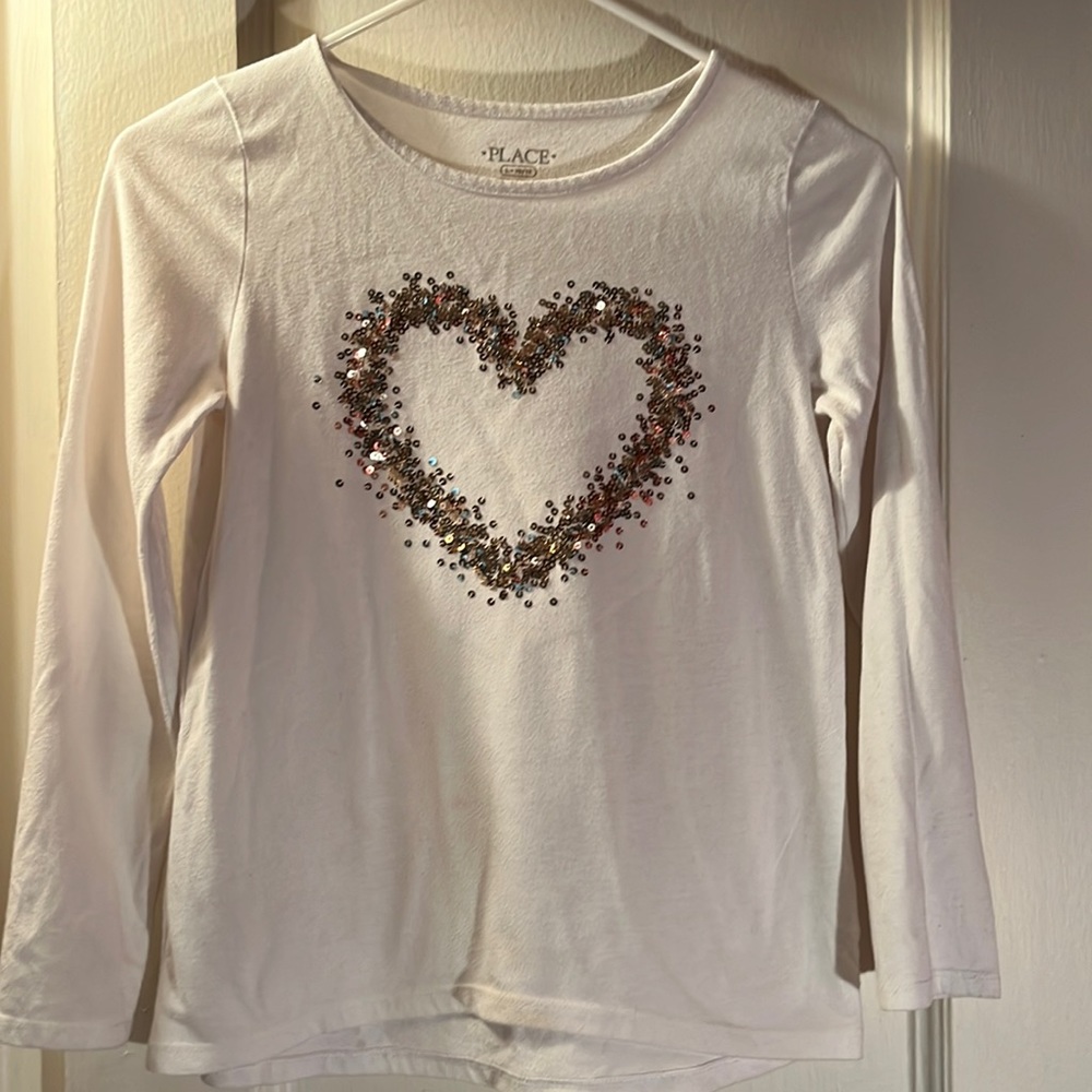 White Long Sleeve Kids T-Shirt with Gold Heart Shaped Glitter Sequins Design